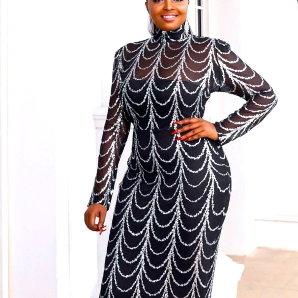 Plus size high neck black and silver sequin dress